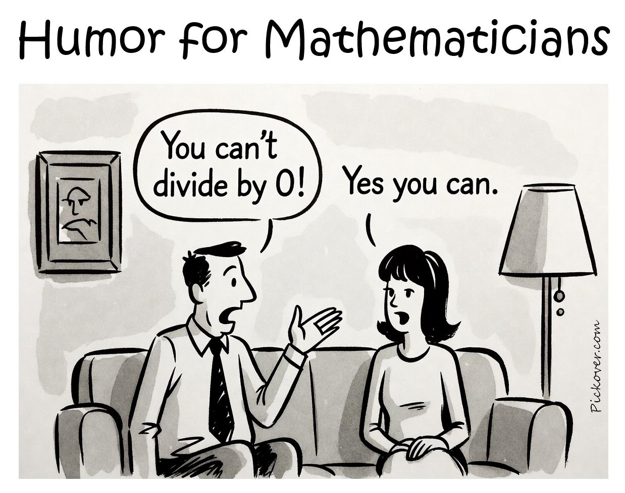 Humor for Mathematicians cartoon: man says 'You can't divide by 0!' woman replies 'Yes you can.'