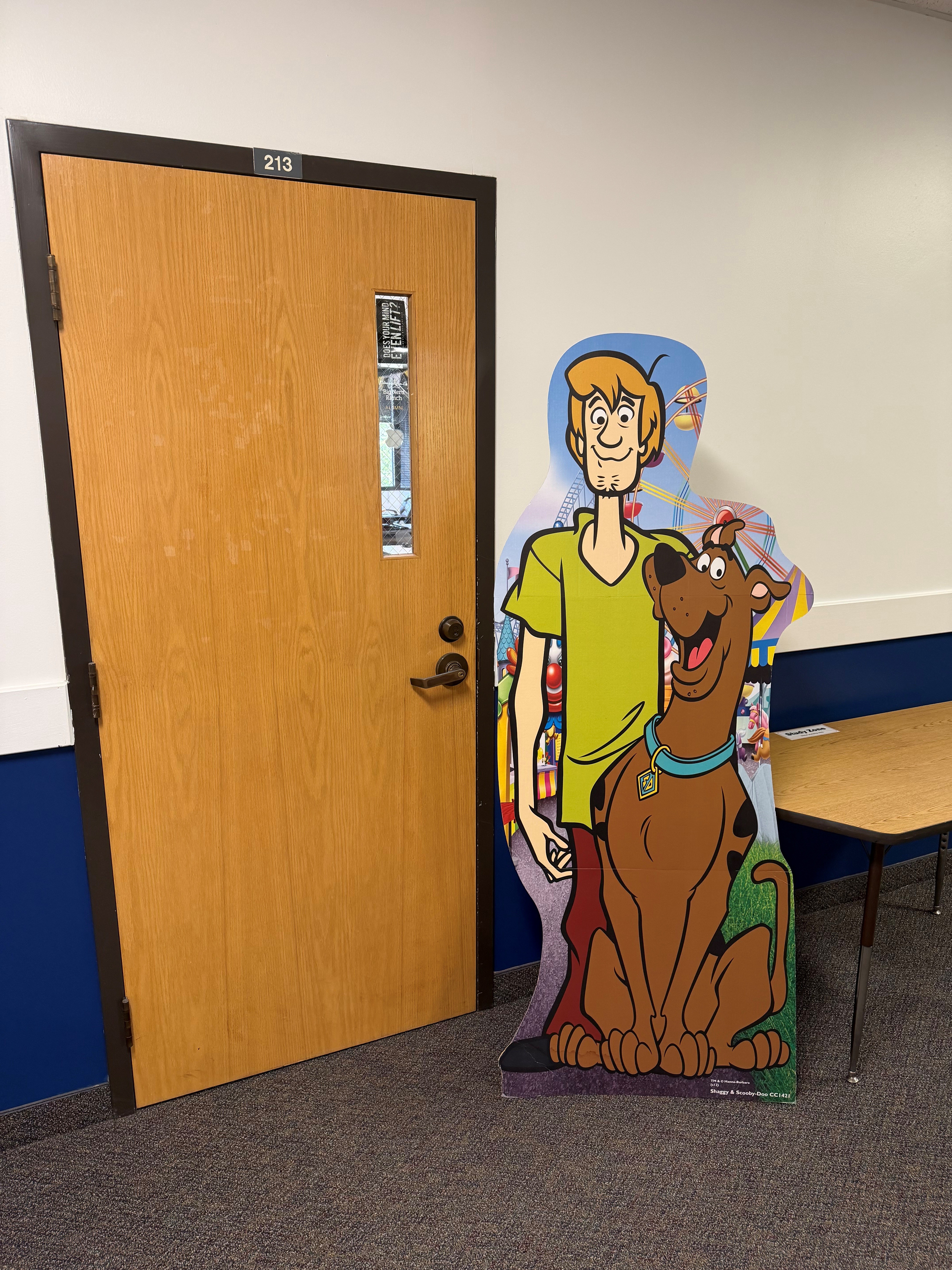 Shaggy and Scooby-Doo cardboard cutout at classroom door 213